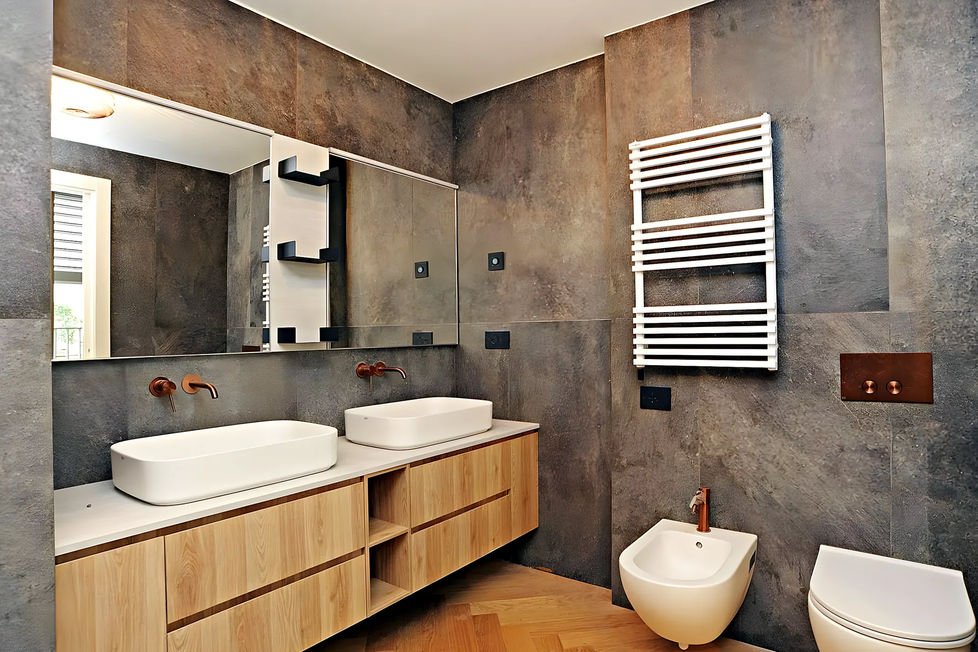 Baño con piedra efecto óxido y doble lavabo — reforma en Sitges