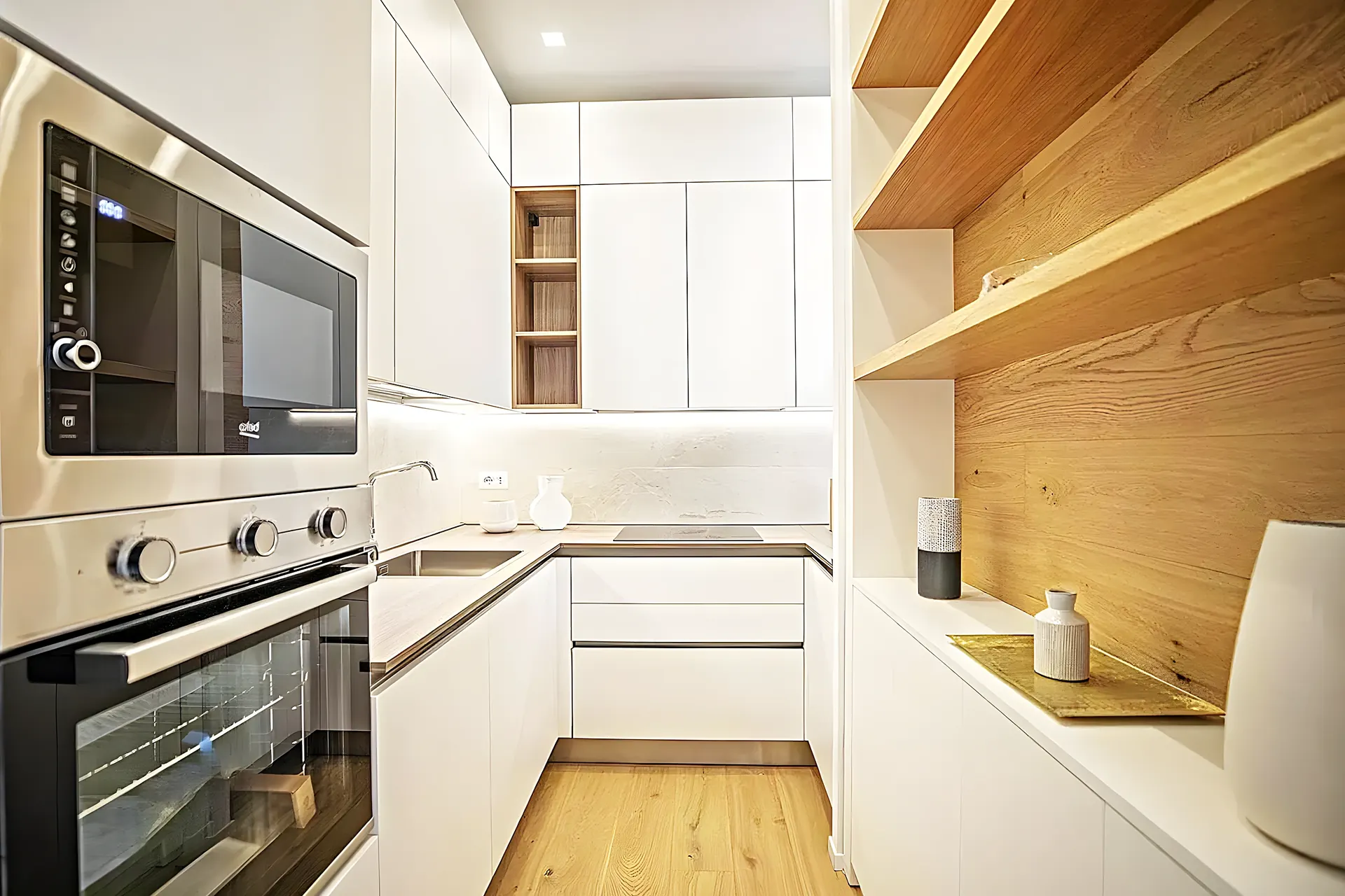 Cuisine blanche avec façades en bois — rénovation à Sitges